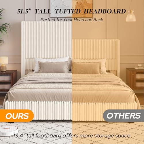 51 Inch Tall Wingback Headboard King Size Lift Up Storage Bed Frame, Beige, view 5