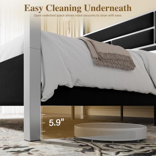 Queen Canopy Bed Frame, Velvet Upholstered with Silver Trim, Black, view 8
