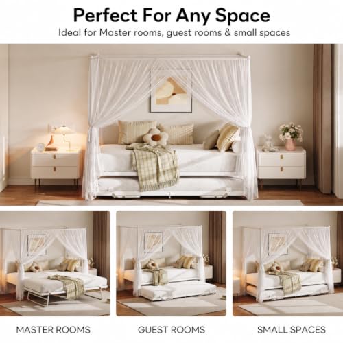 Twin Daybed with Trundle, Canopy Bed with Pop Up Trundle, White, view 8