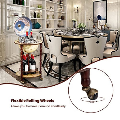 Globe Wine Bar Cabinet, Italian Replica Bar Cart with Wheels and Liquor Bottle Shelf, Solid Wood Wine Bar Stand for Home, Kitchen, Bar, Pub (Cream White)