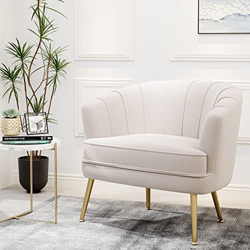 Velvet Accent Chair, Upholstered Modern Single Sofa Side Chair,Comfy Barrel Club Living Room Armchair with Golden Metal Legs for Bedroom Living Reading Room Office, Beige
