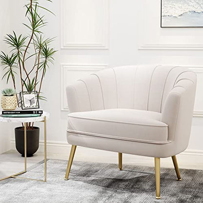 Velvet Accent Chair, Upholstered Modern Single Sofa Side Chair,Comfy Barrel Club Living Room Armchair with Golden Metal Legs for Bedroom Living Reading Room Office, Beige