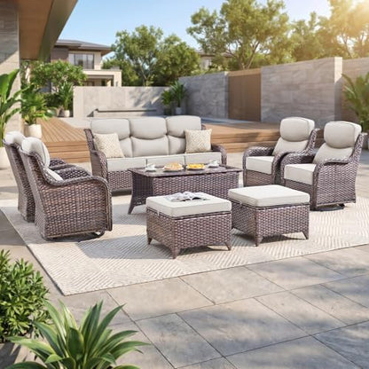 Luxury Swivel Rocker Chair Sofa Set with 6" Thick Cushions,8-Piece Wicker Patio Chair with Coffee Table and Ottoman,Outdoor Comfortable High Back Chair Patio Furniture Set - Brown | Beige
