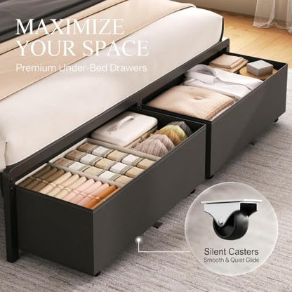 Grey Upholstered Queen Bed Frame with Drawers, view 5