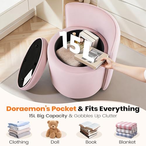 Vanity Chair with Storage, 360° Swivel Velvet Makeup Stool with Wave Backrest, Modern Round Upholstered Closet Stool, No Assembly for Bedroom, Dressing Room & Living Room, Pink