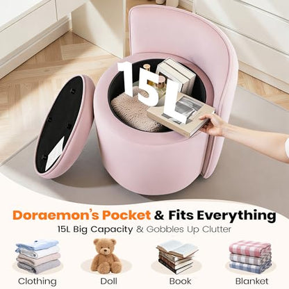Vanity Chair with Storage, 360° Swivel Velvet Makeup Stool with Wave Backrest, Modern Round Upholstered Closet Stool, No Assembly for Bedroom, Dressing Room & Living Room, Pink