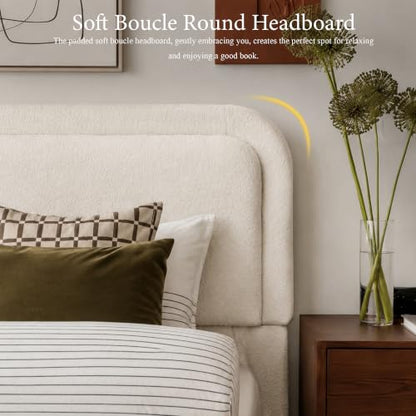 Boucle Cloud Queen Bed Frame with Headboard, Solid Wood Legs, Creamy, view 6