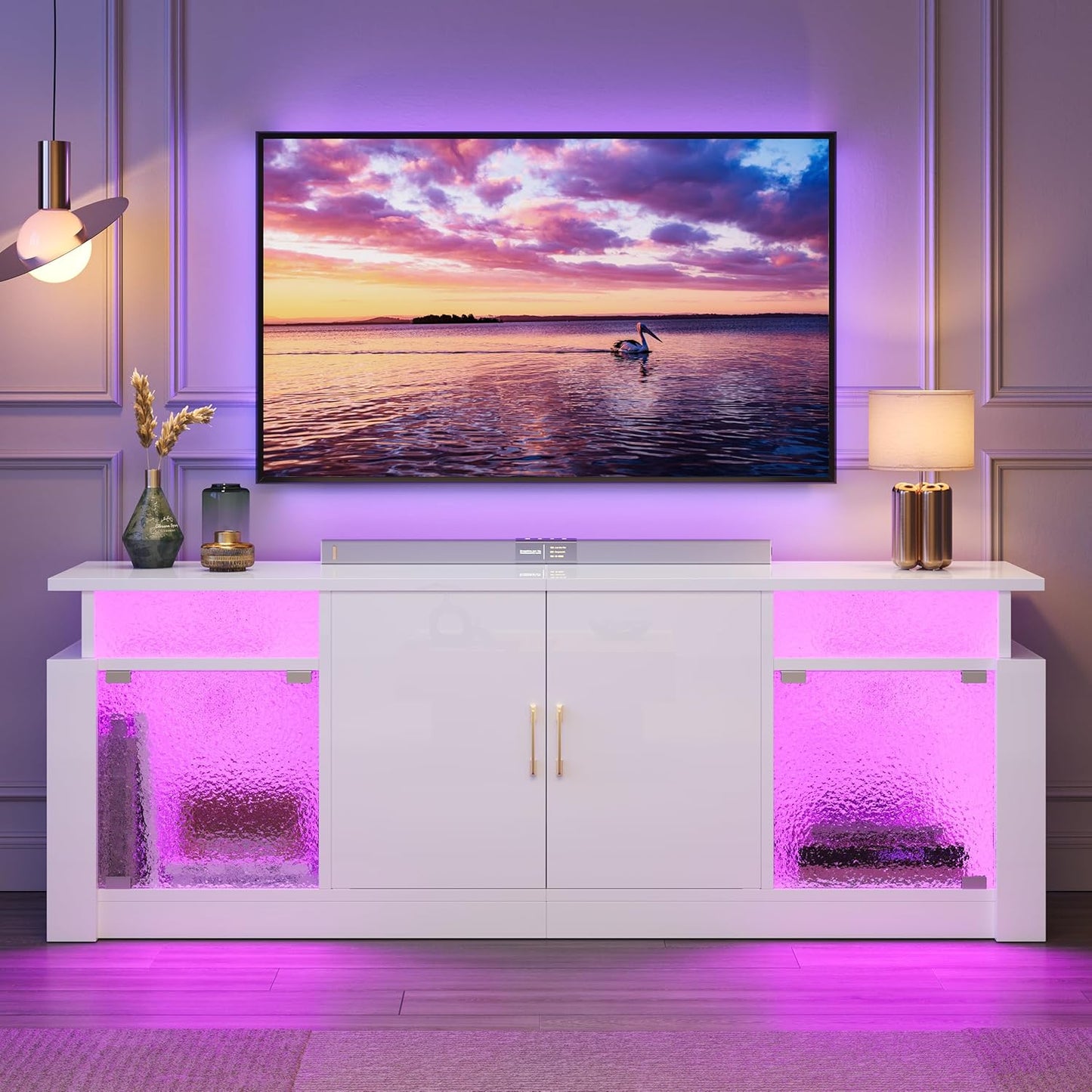TV Stand for 65/70 Inch TV, High Gloss Entertainment Center with Storage Cabinets & Adjustable Shelves, Modern TV Console with Acrylic Door, TV Stands for Living Room Bedroom (Glossy White)