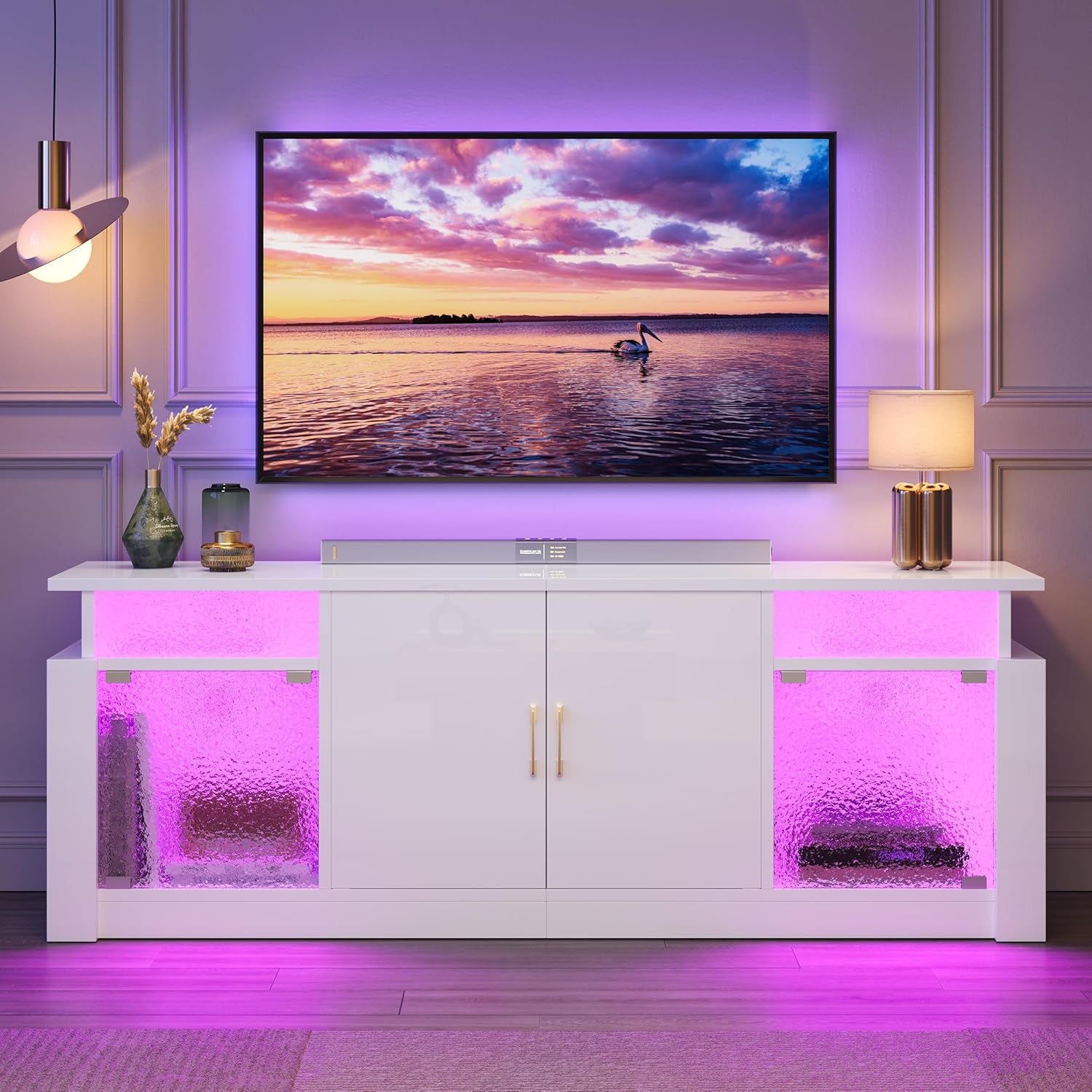 TV Stand for 65/70 Inch TV, High Gloss Entertainment Center with Storage Cabinets & Adjustable Shelves, Modern TV Console with Acrylic Door, TV Stands for Living Room Bedroom (Glossy White)