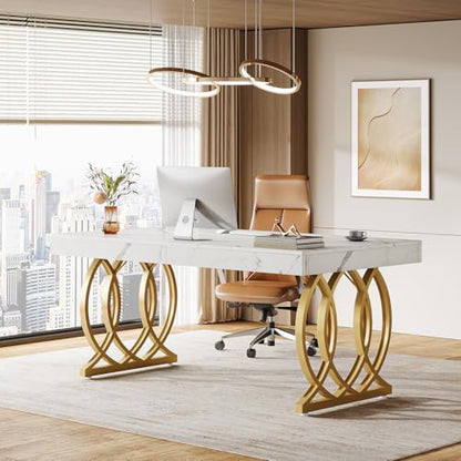 63-Inch Executive Desk, Modern Office Computer Desk with Stylish Gold Legs, view 6