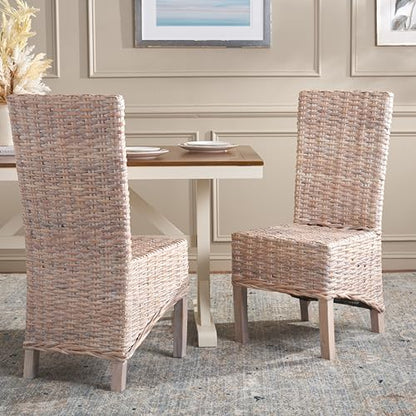 SAFAVIEH Furniture - Pembrooke Side Chair Set of 2-20' Seat Height - White-Washed - Mango Wood - Coastal Rattan Design - Ideal for Dining Room - Fully Assembled (FOX6520C-SET2)
