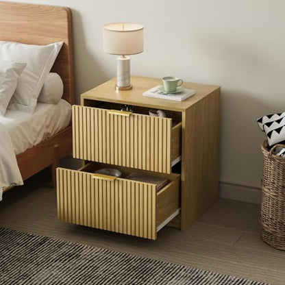 3-Piece Dresser Bedroom Set, 9 Drawer Dresser & 2 Drawer Nightstands with Gold Handles, Fluted Wood Chest of Drawers for Bedroom, Living Room, Entryway, Nature