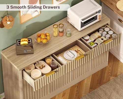 Large Buffet Cabinet with Storage & Drawers, Sideboard Cabinet with 2 Adjustable Shelves & 4 Doors, Coffee Bar Station, Kitchen Storage Cabinets, Natural
