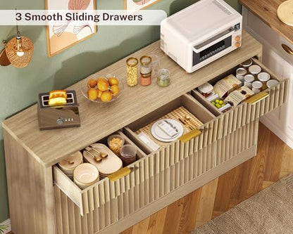 Large Buffet Cabinet with Storage & Drawers, Sideboard Cabinet with 2 Adjustable Shelves & 4 Doors, Coffee Bar Station, Kitchen Storage Cabinets, Natural