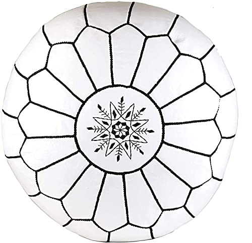 Premium Moroccan Leather Pouf Cover - Round & Large Ottoman Footstool Cover with Embroidery - Cover ONLY - Perfect for The Living Room Bedroom, Kids Room, Gift & Wedding (White By Black)
