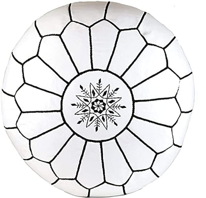 Premium Moroccan Leather Pouf Cover - Round & Large Ottoman Footstool Cover with Embroidery - Cover ONLY - Perfect for The Living Room Bedroom, Kids Room, Gift & Wedding (White By Black)