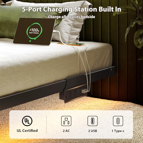 Floating Bed Frame Queen Size, Smart LED Lights & Charging Station, view 7