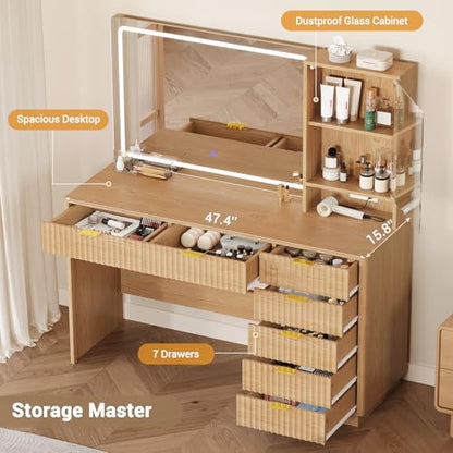 Fluted Vanity Desk with Large Mirror,Lights,Charging Station, Oak, view 5