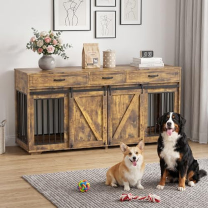 71" Double Dog Crate Furniture with 3 Drawers, view 4