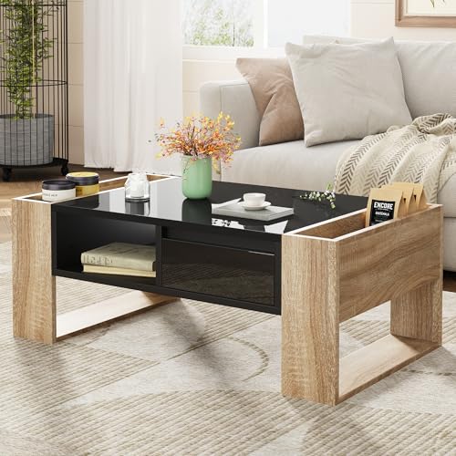 Modern Coffee Table with Storage, High Gloss Black and Natural Wood Finish, Living Room Center Table with 2 Drawers and Open Shelf, 41.3x23.6x15.7 Inches (Black Natural + Particle Board+MDF)
