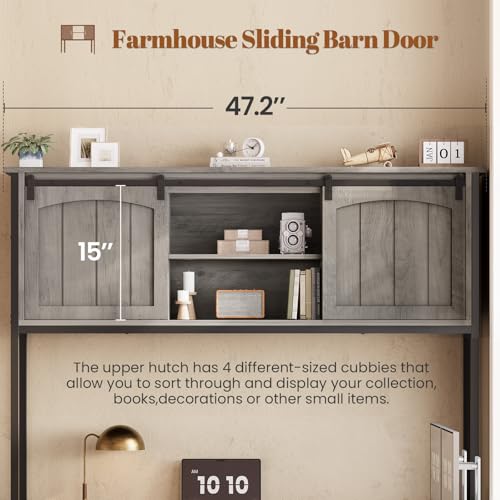 Farmhouse L Shaped Office Desk with 6 Drawer, Reversible Computer Desk with Power Outlet, Hutch for Home Office/Two Person, Corner Desk with File Drawer & Printer Storage Shelves, Grey
