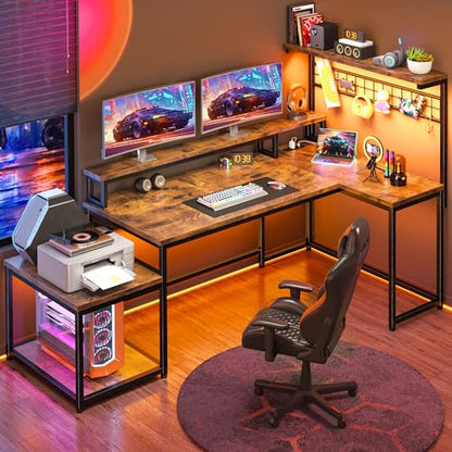 56" L Shaped Desk with Power Outlets & LED Lights for Bedroom,Brown, view 2
