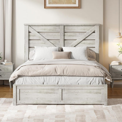 Queen Size Farmhouse Wooden Bed Frame, Platform Bed Frame with 49.2" Headboard/No Box Spring Needed/Noisy Free/Easy Assembly/Distressed White