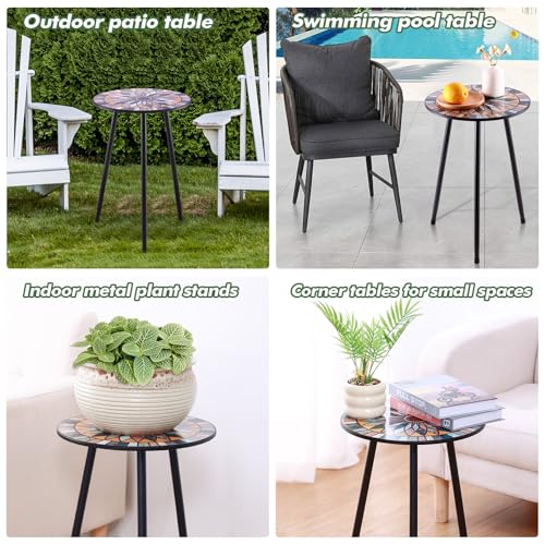 1 Pack Metal Mosaic Round Side Table Small 13.4" End Patio Round Accent Table Garden Corner Stand for Small Spaces Weather-Resistant for Balcony Plant Stand Indoor Outdoor