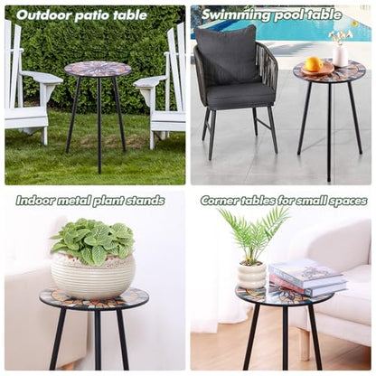 1 Pack Metal Mosaic Round Side Table Small 13.4" End Patio Round Accent Table Garden Corner Stand for Small Spaces Weather-Resistant for Balcony Plant Stand Indoor Outdoor