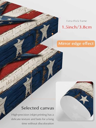 Retro USA Flag Wood Texture Canvas Wall Art Prints,30"x20" Framed Picture Artwork July 4th Red Blue White Star Stripe Printed Canvas Oil Painting for Living Room Bedroom Office,Ready to Hang