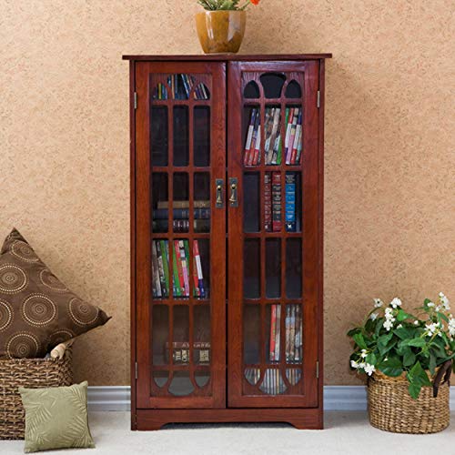 Window Pane Media Cabinet - Cherry - Transitional Design, Brown Glass and Wood - Ideal for Home Office, Living Room (MS1073)