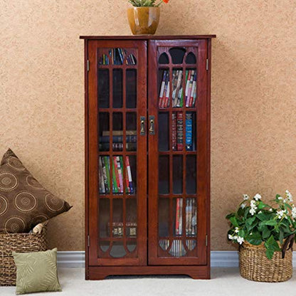 Window Pane Media Cabinet - Cherry - Transitional Design, Brown Glass and Wood - Ideal for Home Office, Living Room (MS1073)