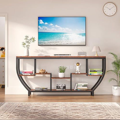 70.86" Extra Long Console Table Sofa Table & Storage Shelves Entryway Table Industrial TV Stand, Metal Frame Behind Couch Table for Foyer, Hallway, Entrance (Brown)