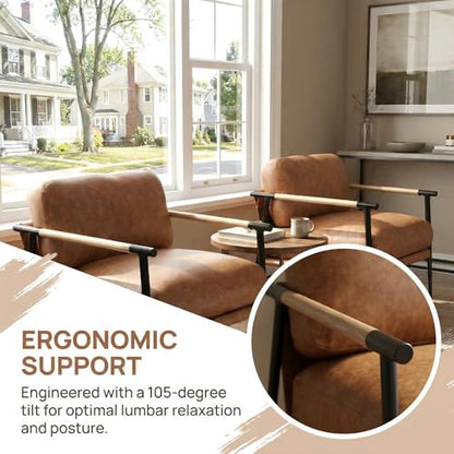 PU Leather Accent Chairs Set of 2 Brown Lounge Chairs with Metal Legs Modern Armchairs Upholstered Mid-Century Comfy Leisure Chair for Bedroom Living Room Reception Area