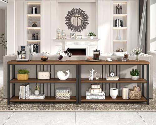 Console Table for Entryway, Narrow Sofa Table with 3 Tier Storage Shelf for Living Room Hallway Behind Couch, Rustic Walnut