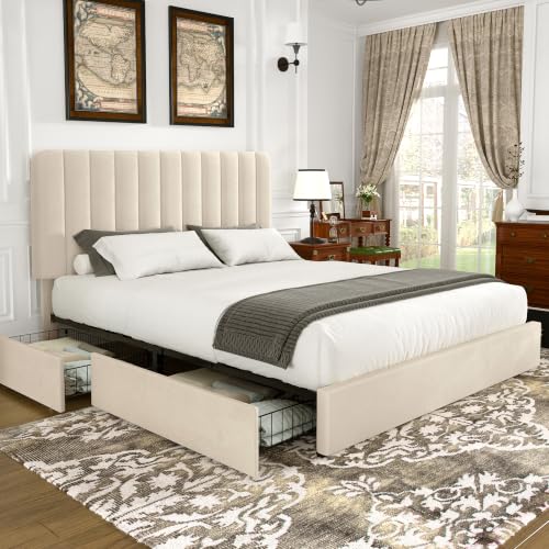 Velvet Platform Storage Bed with Wooden Slats, Beige, view 2
