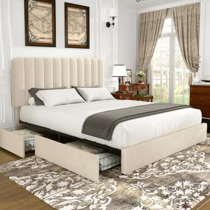 Velvet Platform Storage Bed with Wooden Slats, Beige, view 2