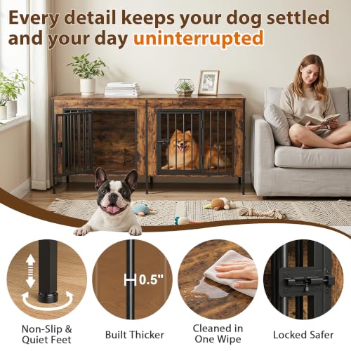 55" Wooden Double Dog Crate Furniture, Removable Divider, Brown, view 6