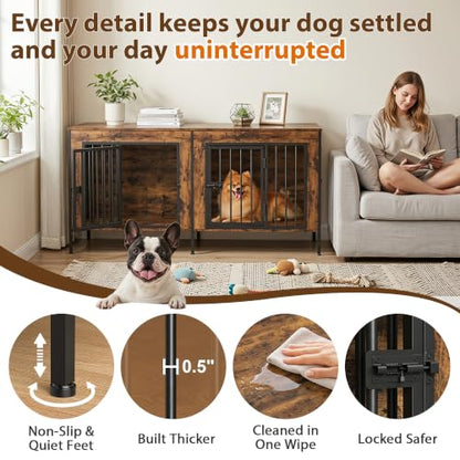 55" Wooden Double Dog Crate Furniture, Removable Divider, Brown, view 6
