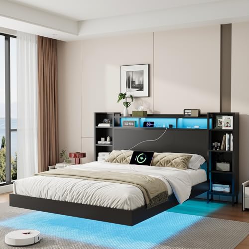 Metal Floating Bed Frame with Storage MDF Headboard and Bookcase for Bedroom, view 8