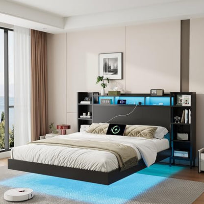 Metal Floating Bed Frame with Storage MDF Headboard and Bookcase for Bedroom, view 8