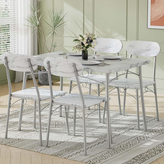 Dining Table Set for 4, 5-Piece Kitchen Table with 4 Chairs, MDF Board Tabletop with Metal Frame for Small Space, Compact Dinette, Breakfast Nook, White