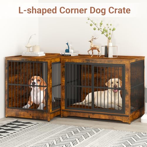 86" Double Dog Crate Furniture, Corner Dog Kennel Furniture, view 6