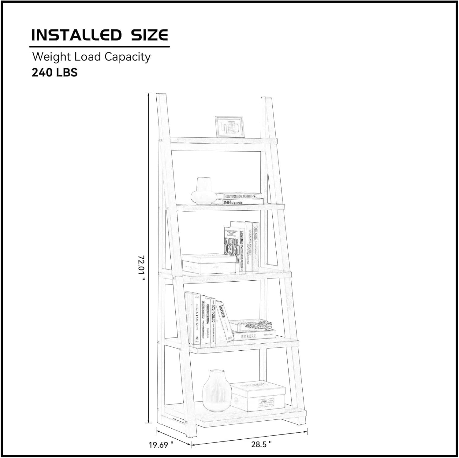 5-Tier Ladder Shelf, 72.01'' Tall Freestanding Bookshelf, Rustic Wood Storage Display Rack, Space-Saving Leaning Ladder Design for Living Room, Home Office, Grey