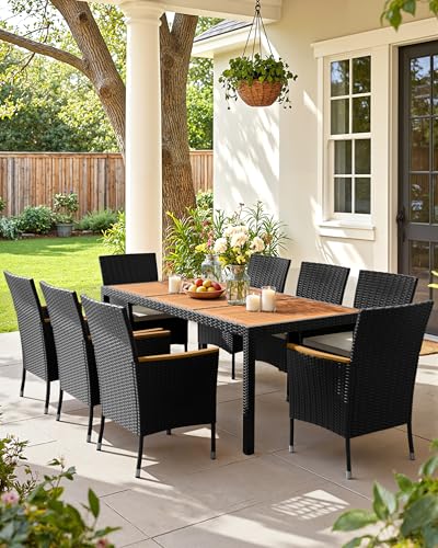 9 Piece Patio Dining Set Outdoor Acacia Wood Table and Chairs with Soft Cushions Wicker Patio Furniture for Deck, Backyard, Garden