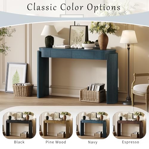 Modern Entryway Console Table with Storage Drawers, 55.1-Inch Oval Fluted Slim Entry Sofa Table for Living Room Entrance Hallway, Navy