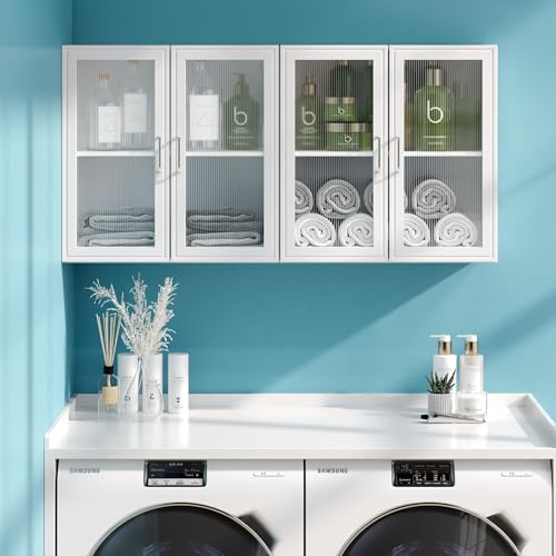48" Kitchen Wall Cabinets 4 Doors - Laundry Upper Wall Amount Storage Cabinets with Acrylic Soft Glass Doors, in White, One Set of 2 Pieces