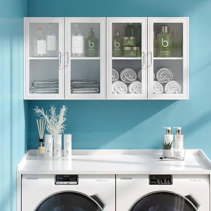 48" Kitchen Wall Cabinets 4 Doors - Laundry Upper Wall Amount Storage Cabinets with Acrylic Soft Glass Doors, in White, One Set of 2 Pieces