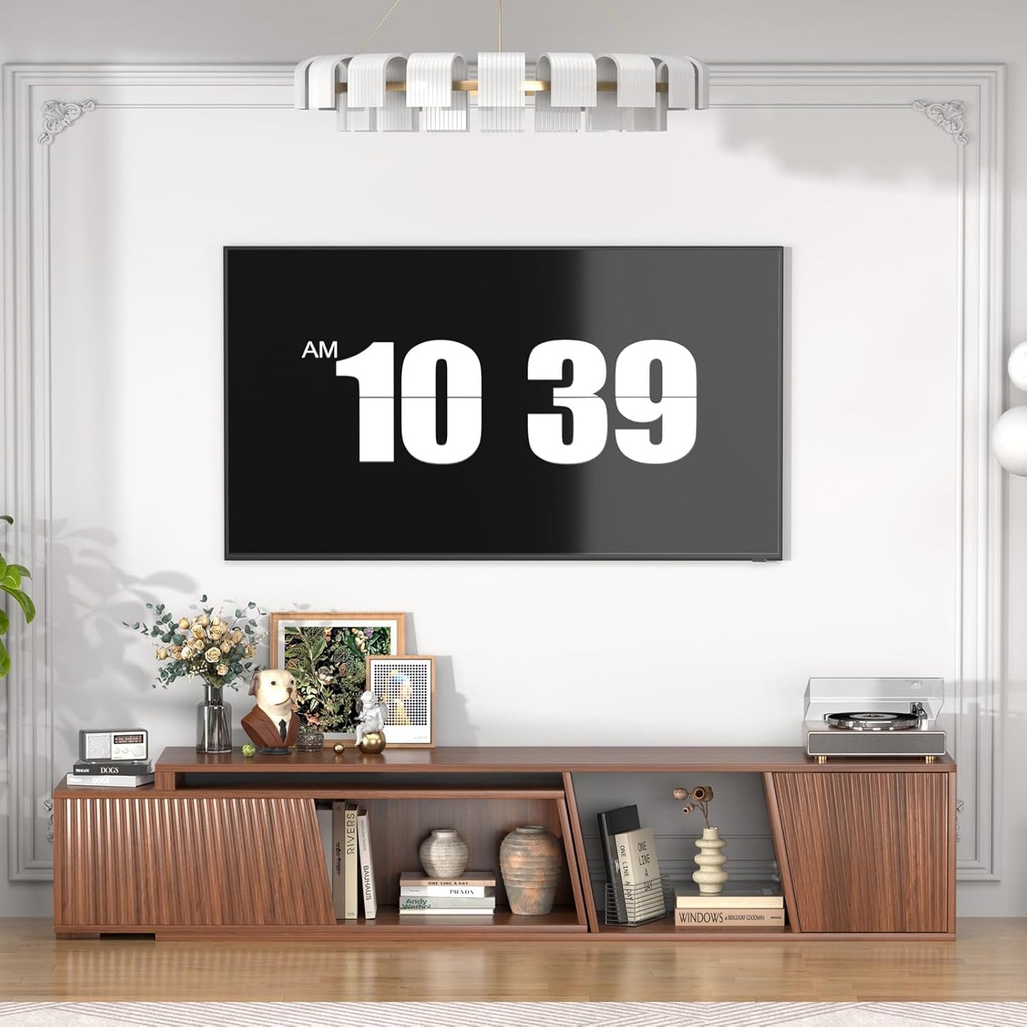 Extendable TV Stand with Sliding Doors Minimalist Rectangle, Wood Entertainment Center Walnut TV Console Table up to 110" W/Shelves Cabinet for Living Room, Bedroom (70.9”W-109”W)