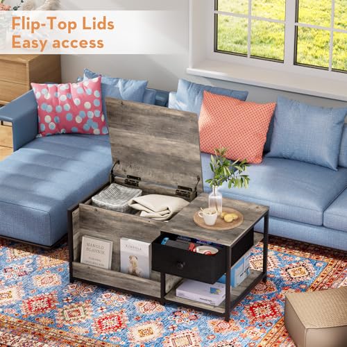 Coffee Table with Storage, Rectangular Coffee Tables for Living Room, Farmhouse Coffee Table with Hidden Storage Compartment and Adjustable Shelves, Grey Wash